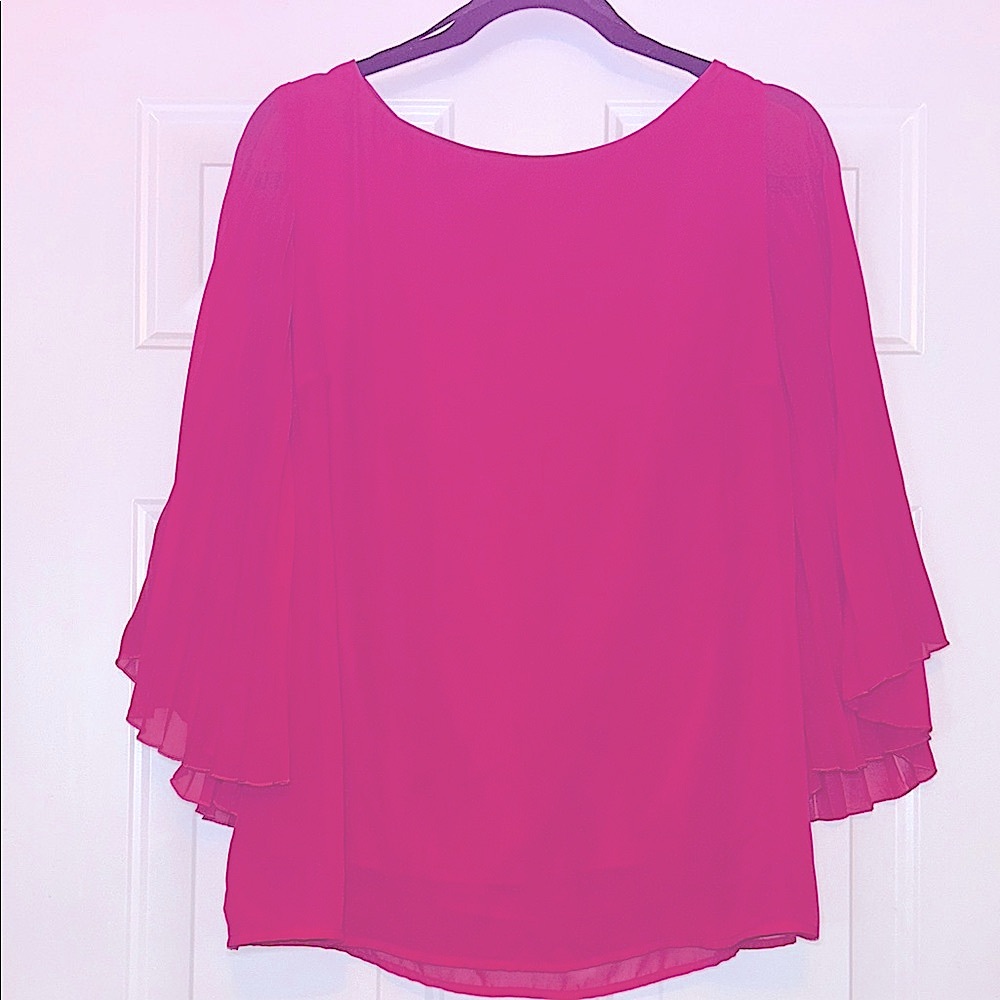 AB Studio Pleated Sleeve Top Women's L Pink Batwing Loose Barbie Minimalist
